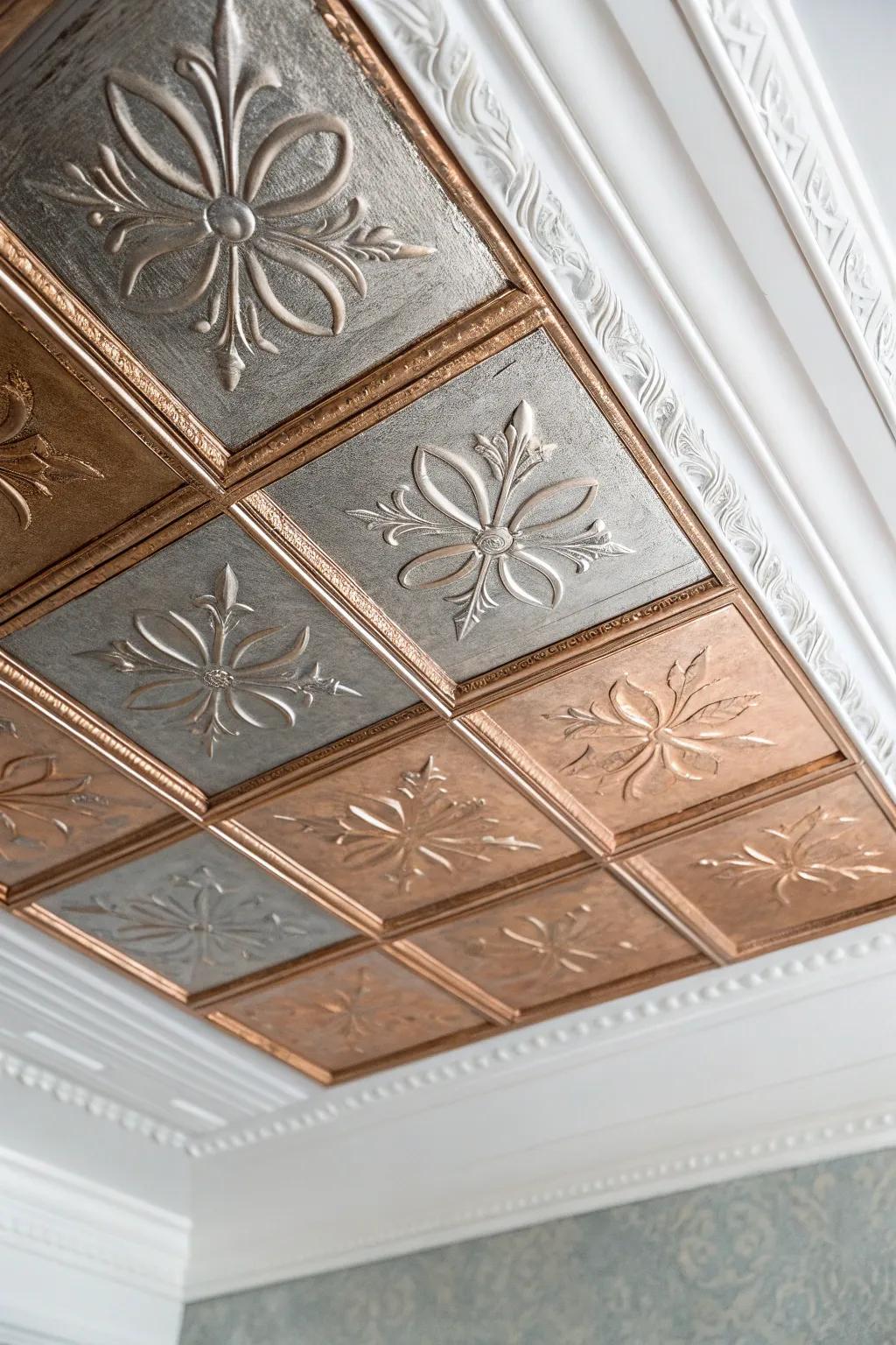 Elevate your space with industrial chic: metallic ceiling tiles that blend simplicity and style.