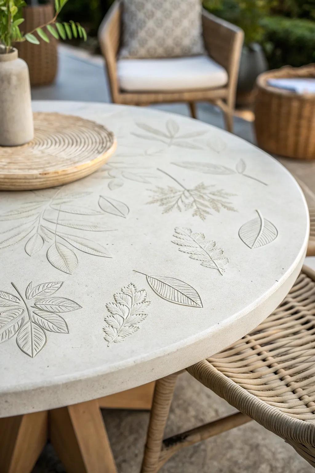 Bring the outdoors in with this stunning leaf imprint table top – where nature meets minimalist elegance.