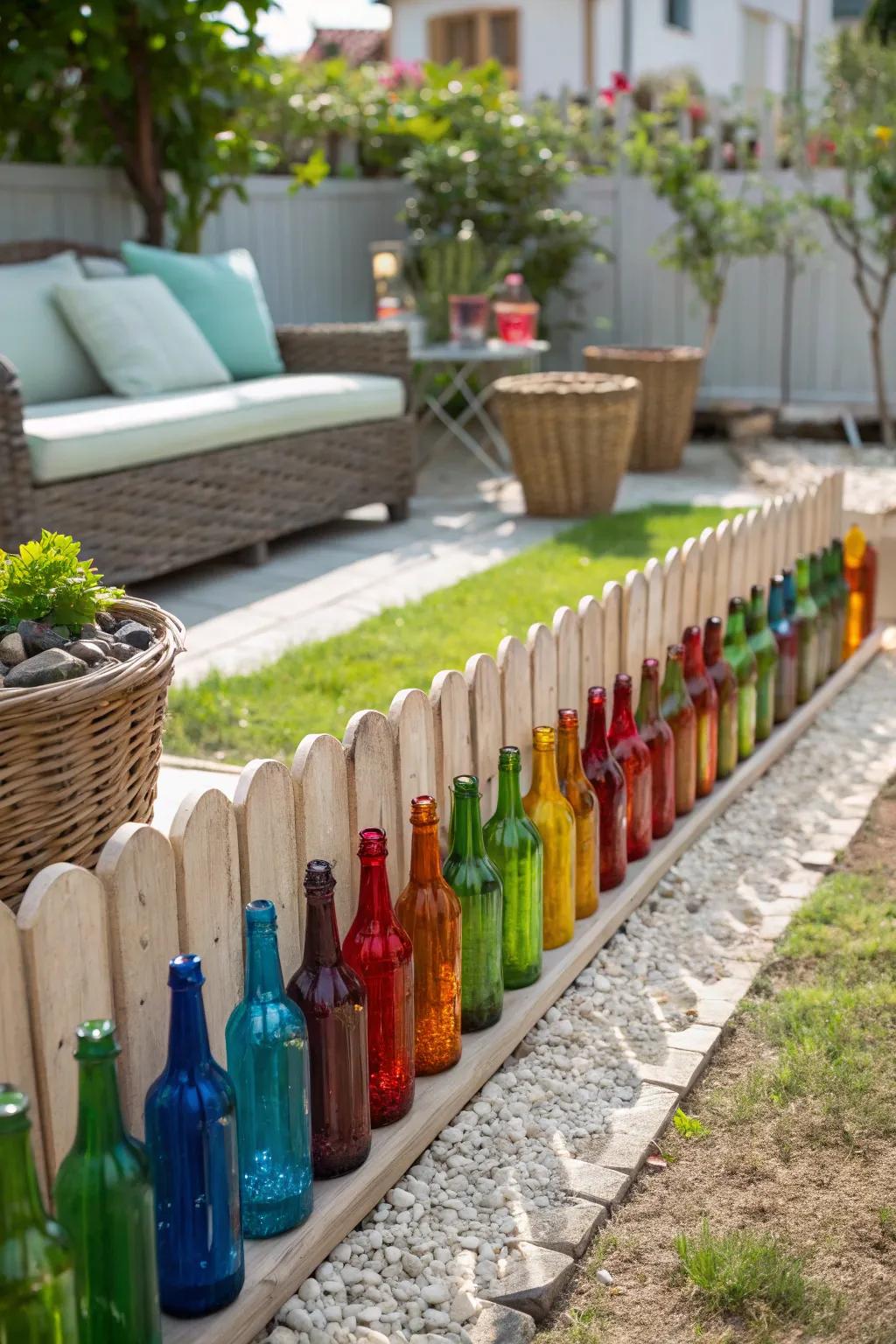 Transform your garden into a vibrant masterpiece with a recycled glass bottle fence – a sustainable and stunning choice.