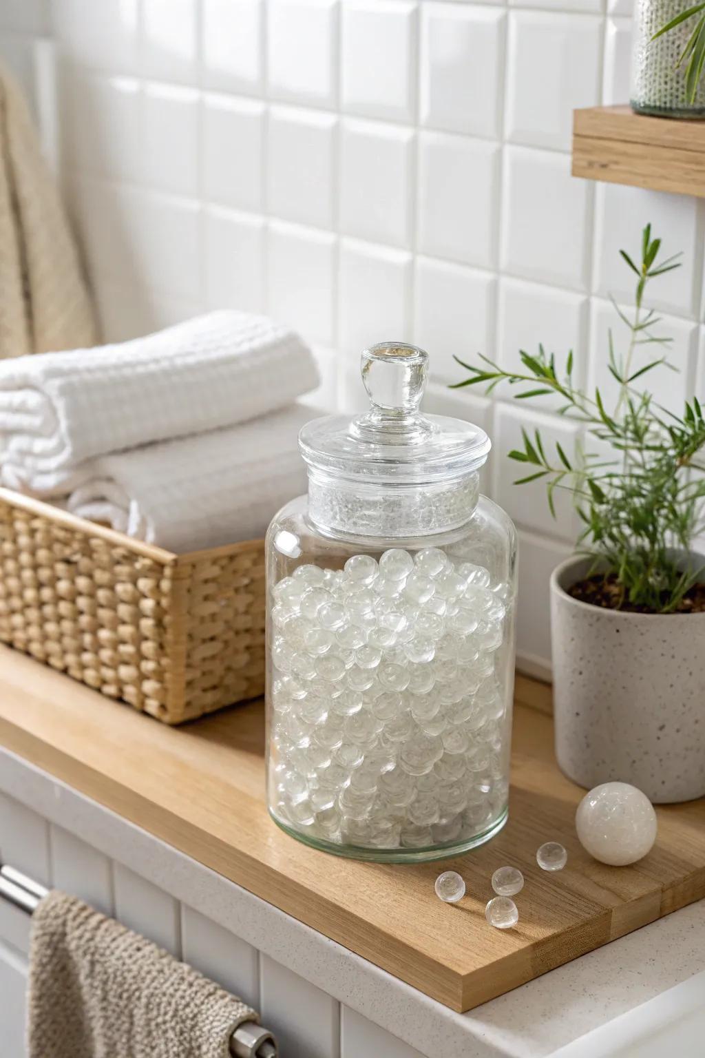 Elevate your bathroom decor with a touch of elegance using clear Orbeez in a chic glass jar.