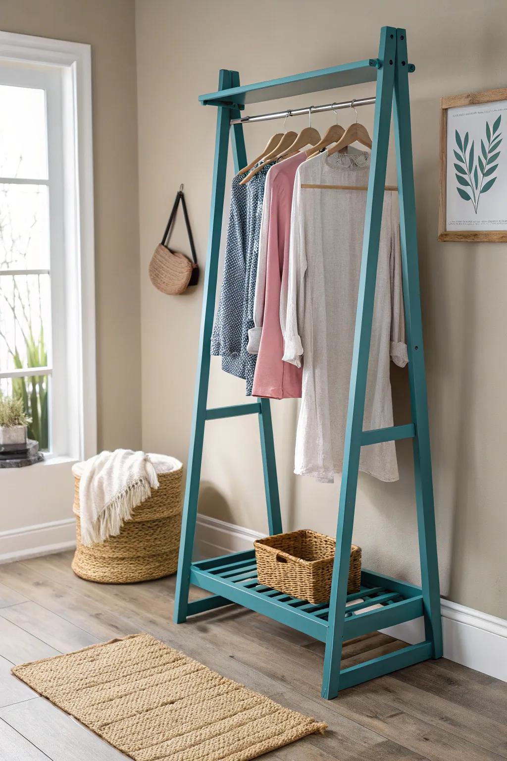Add a burst of color to your space with a bold teal clothing rack, where minimalist design meets bohemian charm.