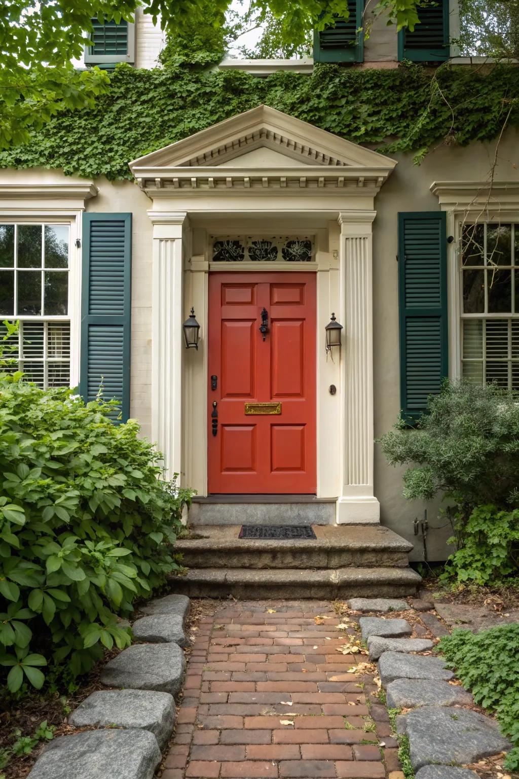 Bold color combinations offer a modern twist to classic colonial entrances.