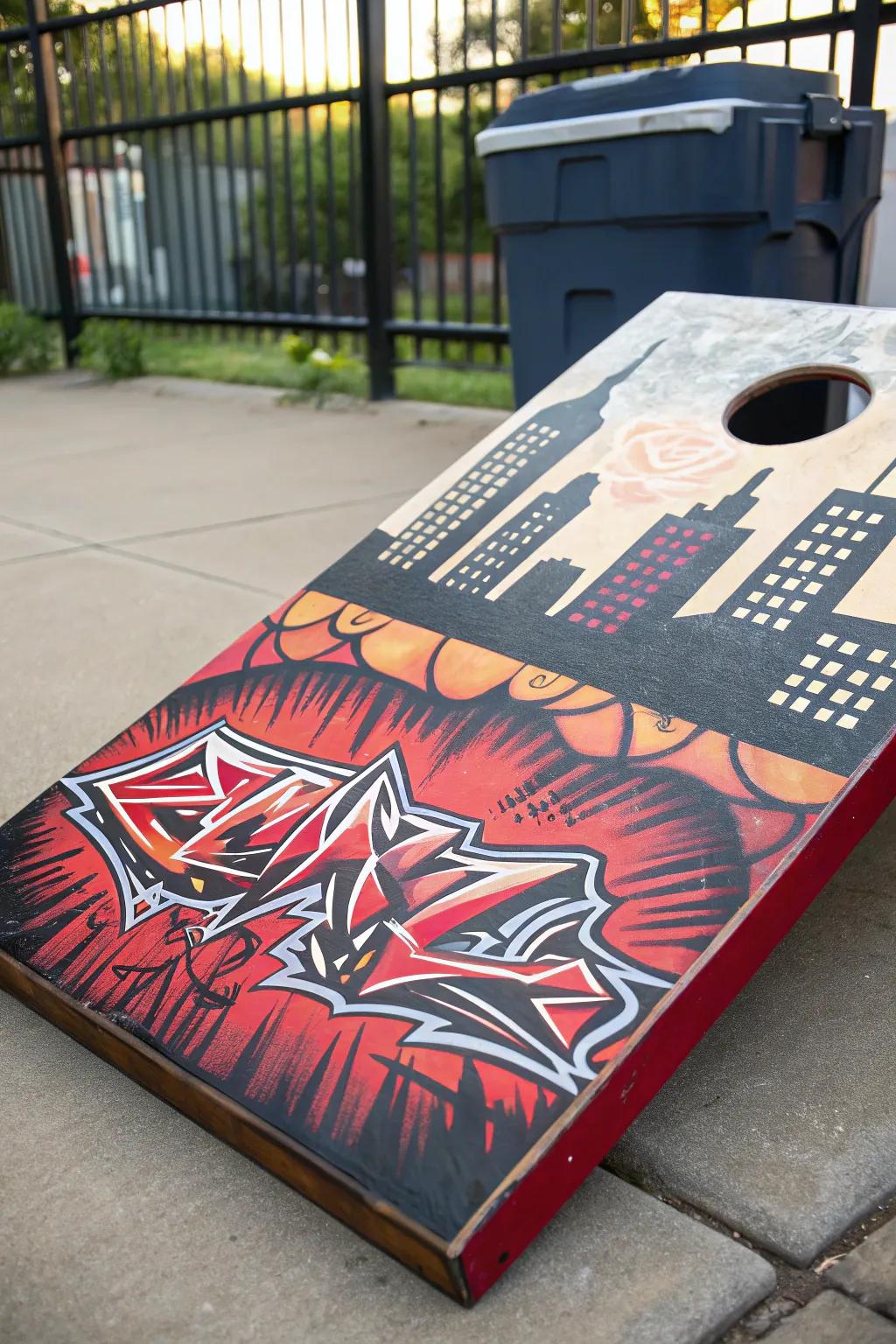 Unleash urban artistry at your next gathering with this bold graffiti-style cornhole board. 🎨🖌️ #Craftsmanship #UrbanArt