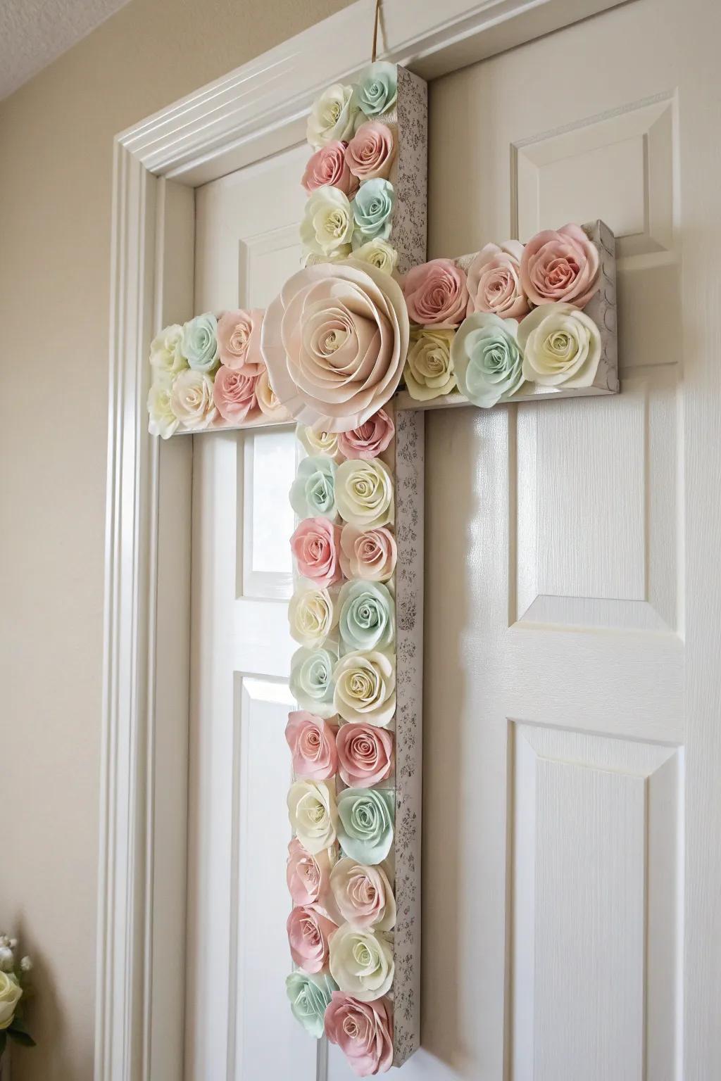Elevate your space with a touch of artistry: a layered paper cross door hanger that blends minimalist elegance with boho charm.
