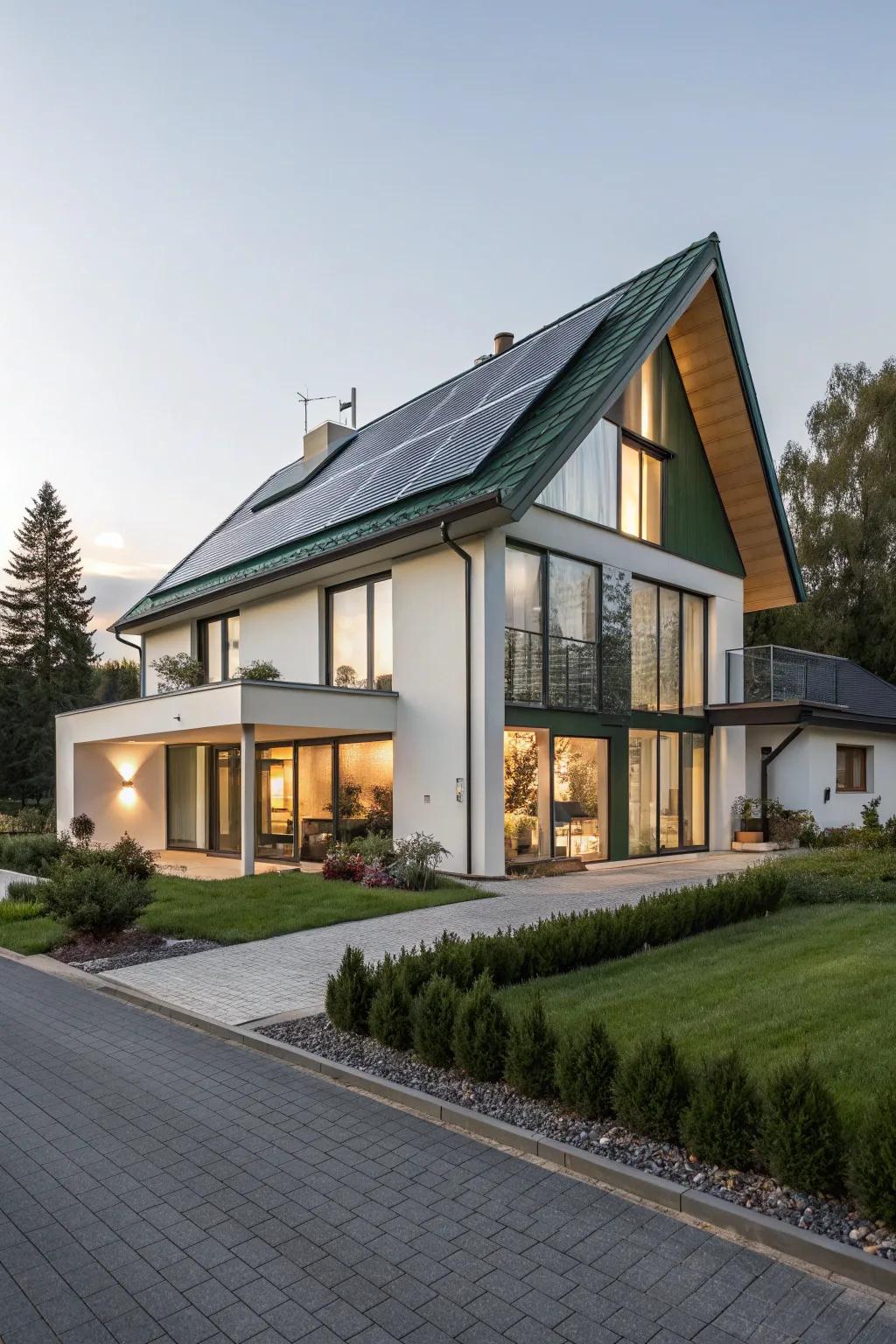 A sustainable home featuring solar panels and green technologies.