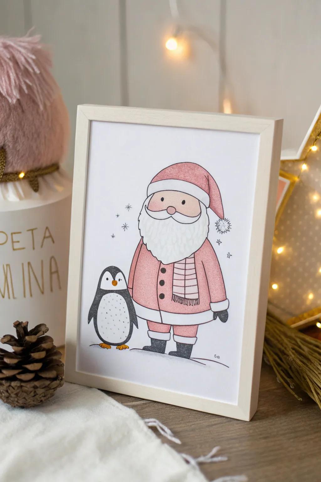 Adorable Duo: Santa and His Penguin Friend in Minimalist Charm