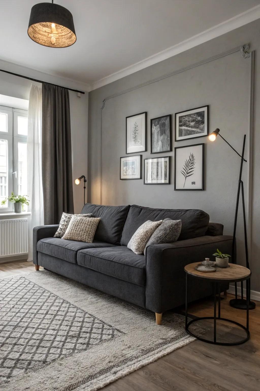 A monochromatic scheme enhances the elegance of the dark grey couch.