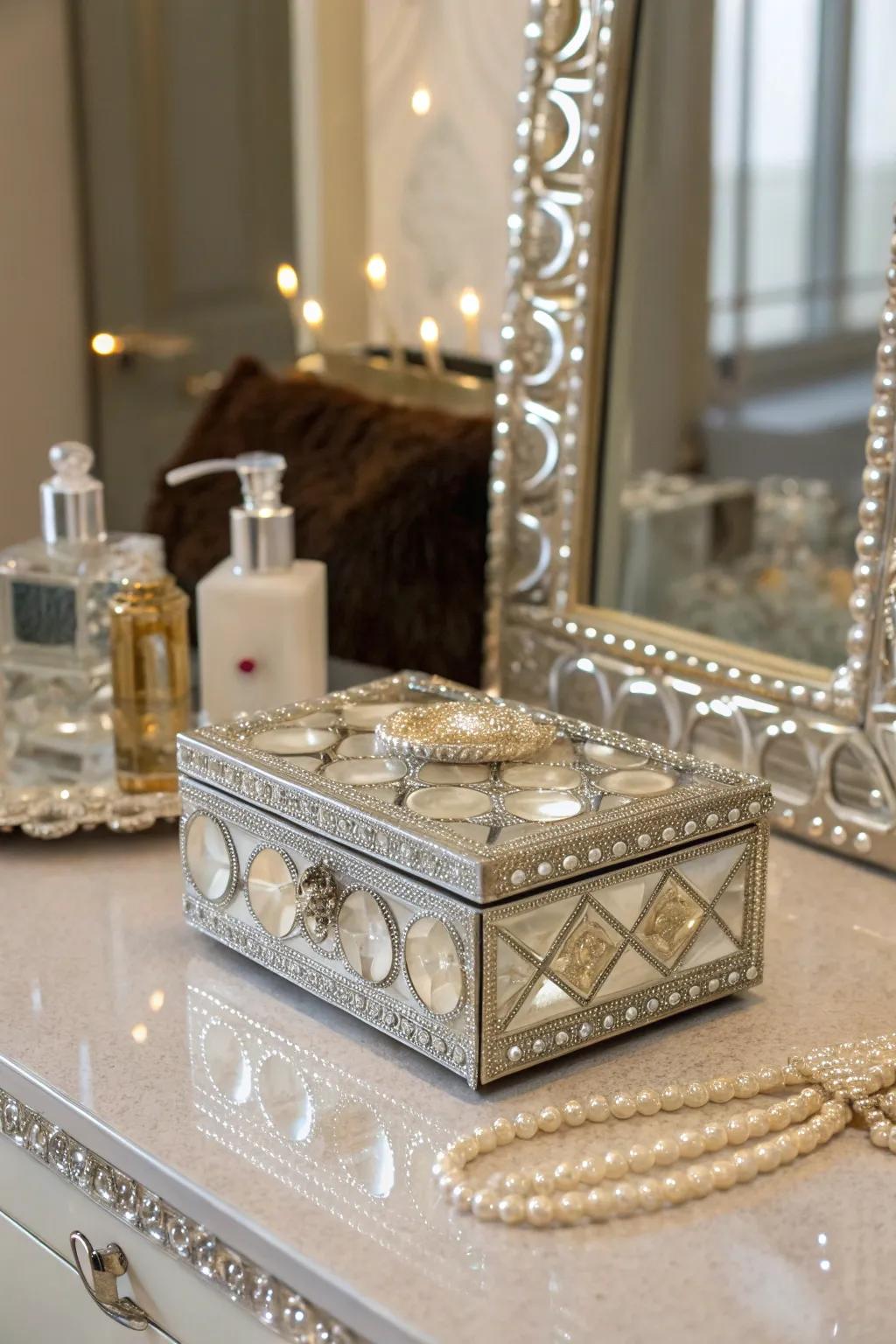 A glamorous mirror-embellished box reflecting elegance.