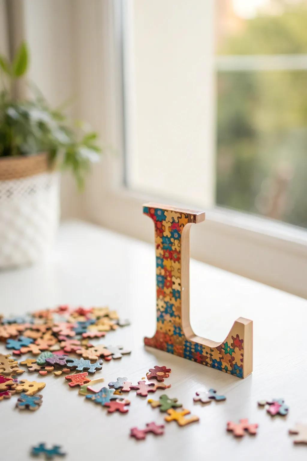 Add a playful touch to your decor with puzzle-adorned wooden letters, perfect for a quirky and personalized statement piece.