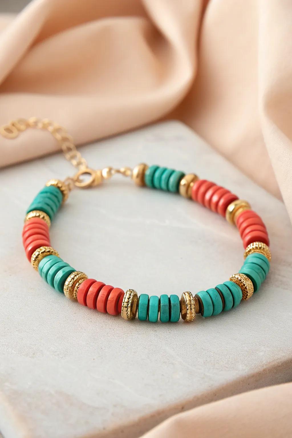 Add a pop of color with this stunning disc bead bracelet – where bold meets beautiful!