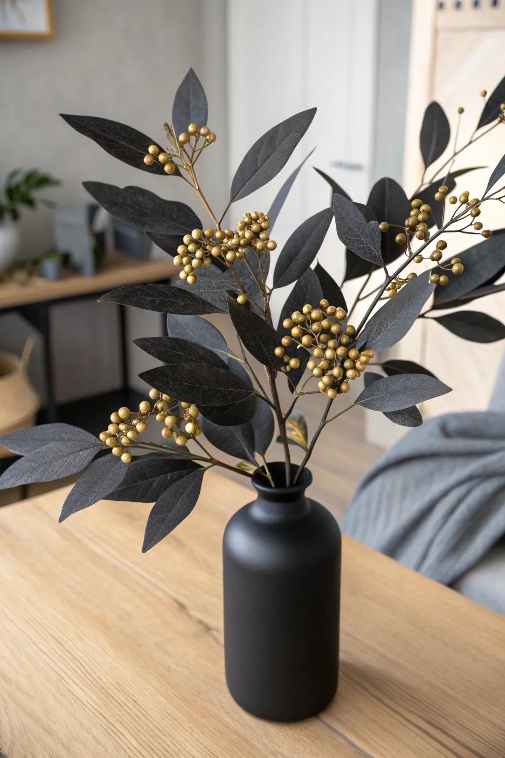 Elevate your table decor with a chic black and gold foliage centerpiece, where nature meets elegance.