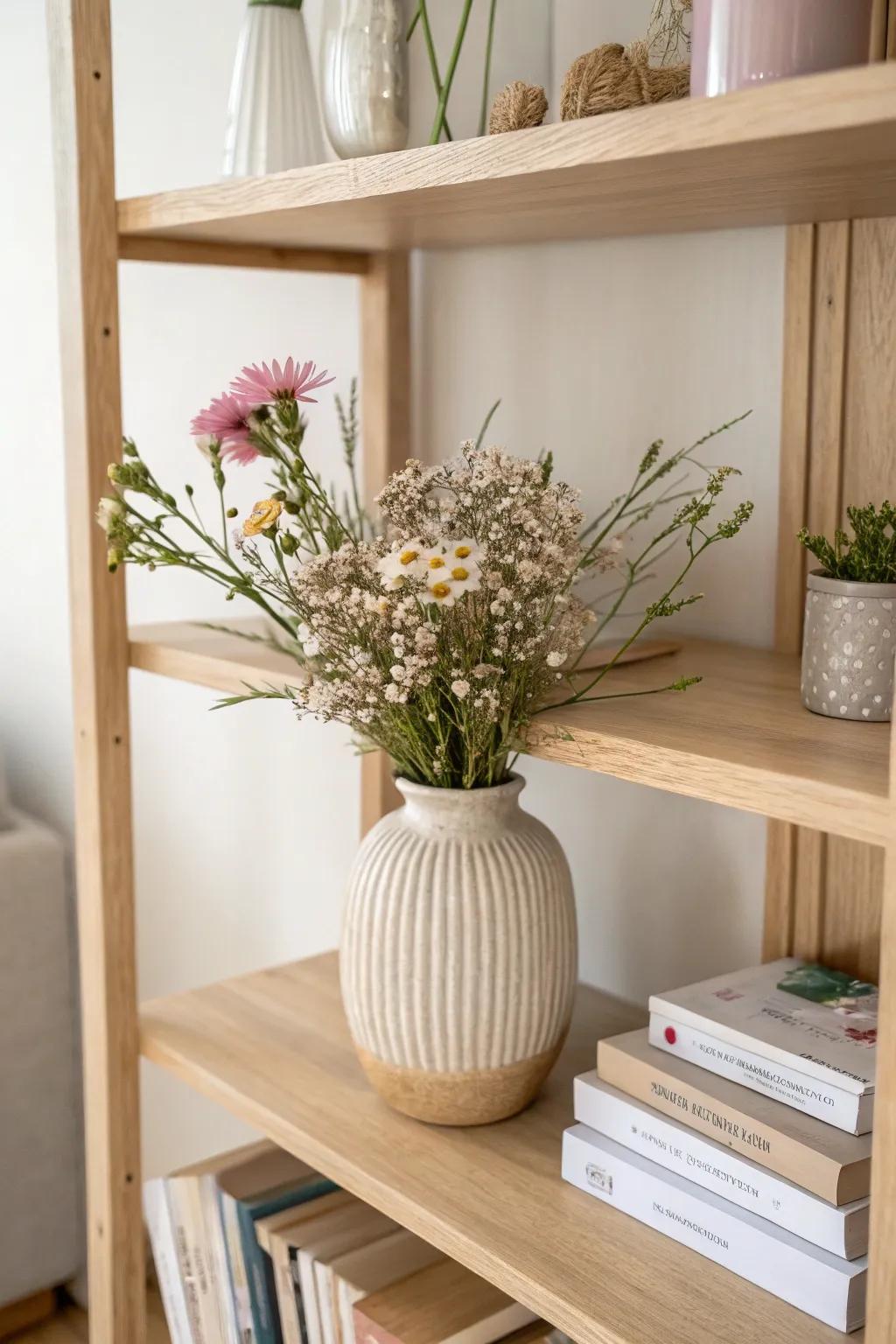 Infuse your bookshelf with the charm of nature through simple and elegant floral accents.