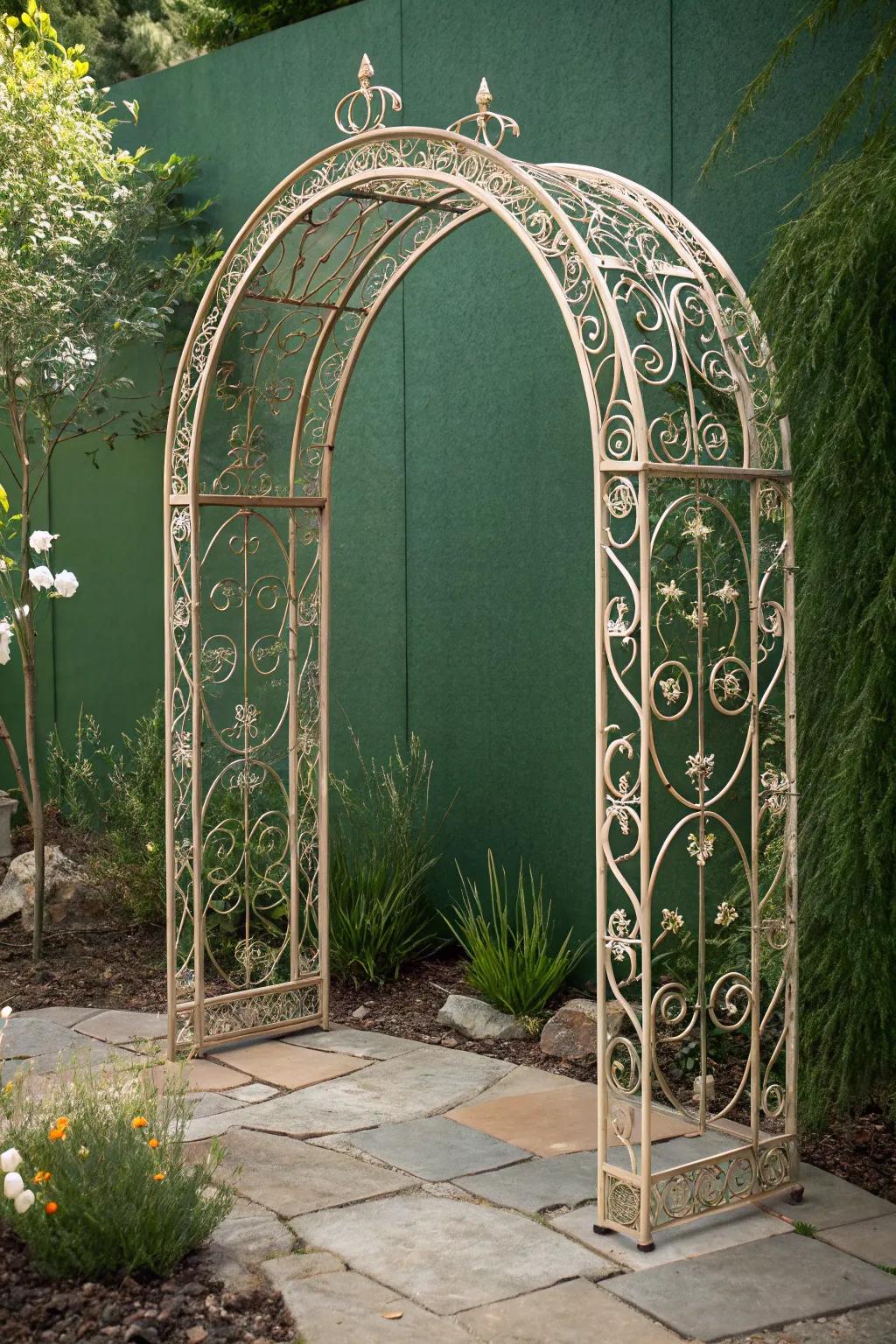 Elevate your garden with a touch of artistic elegance through this stunning metalwork arch.