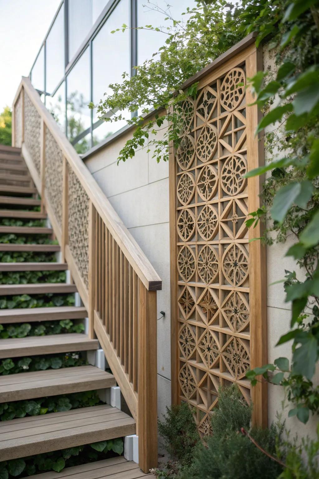 Elevate your outdoor stairs with the elegance of handcrafted lattice panels.