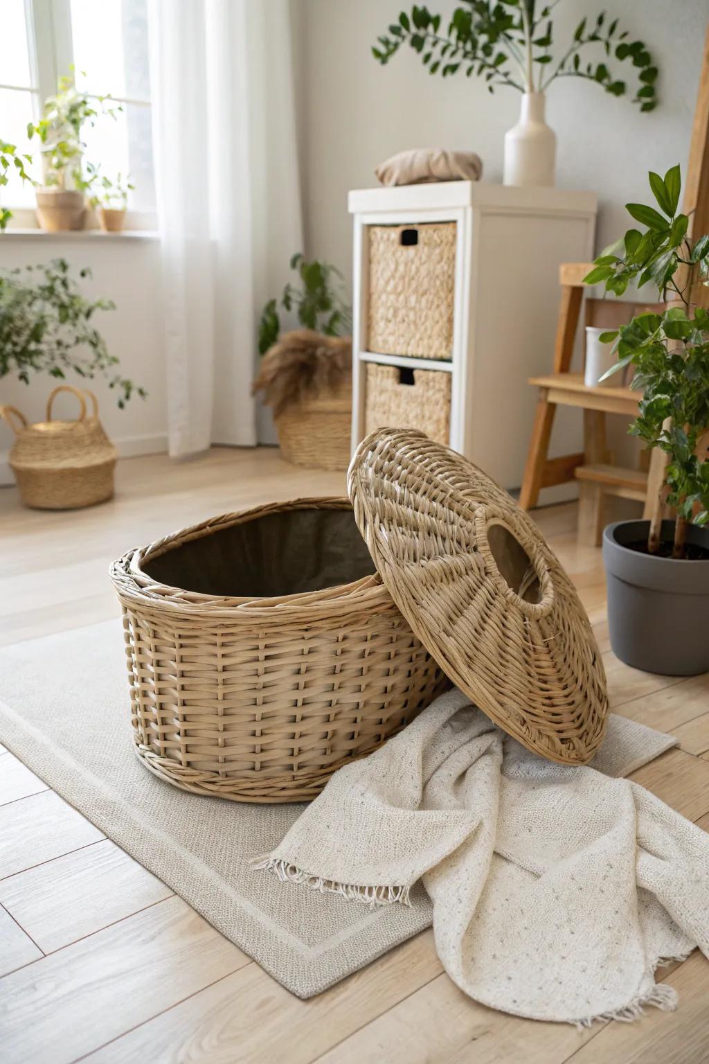 Transform functionality into elegance with a charming wicker litter box cover.