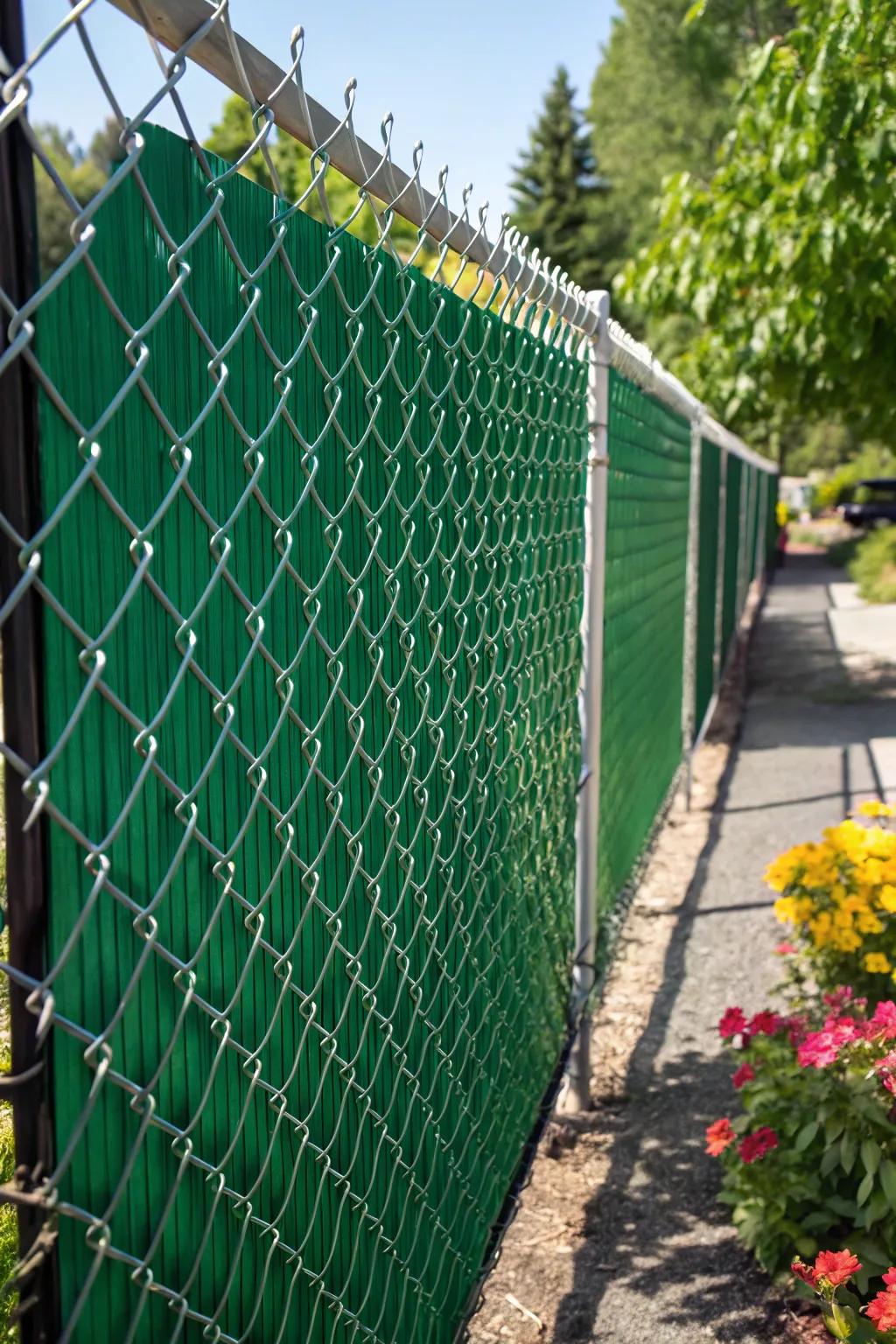 Transform your yard with bold green privacy slats for a chic and budget-friendly fence upgrade.