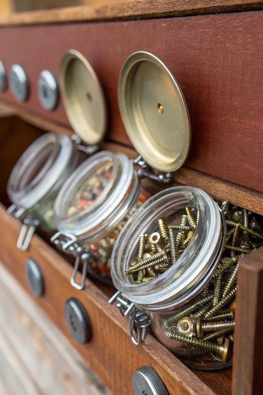 Elevate your workshop organization with sleek, accessible hinged lid jars.