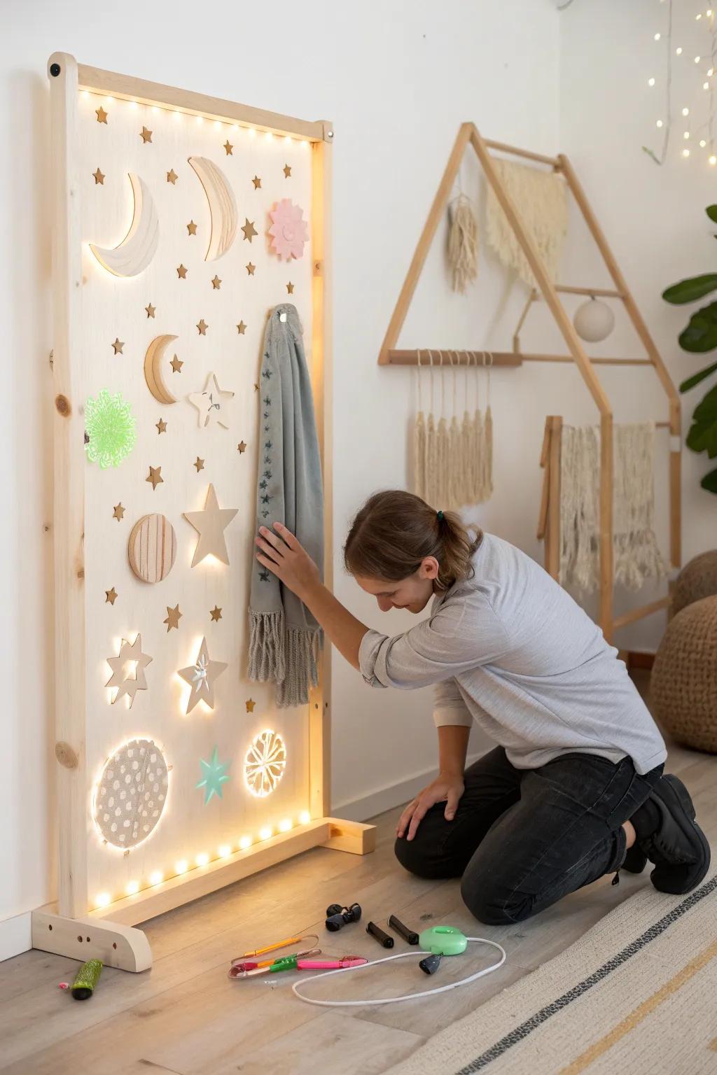 Illuminate playtime with a touch of magic ✨ Simple yet enchanting, this glow-in-the-dark sensory wall delights after dark.