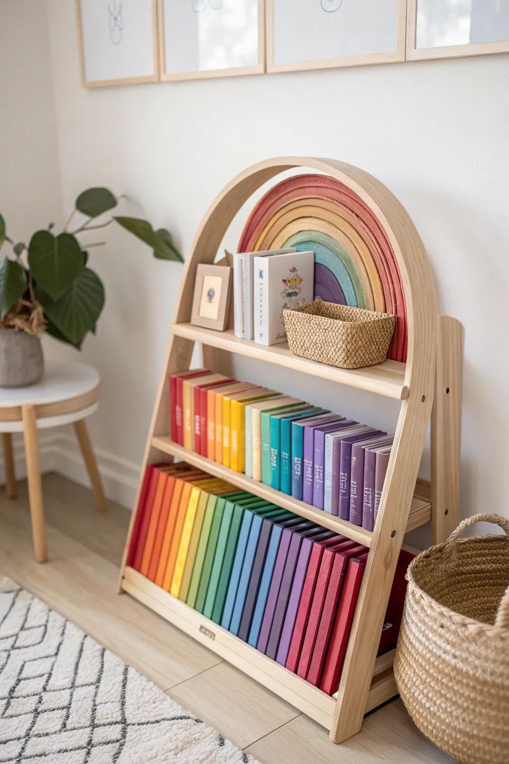 Transform your child's bookshelf into a rainbow of learning with this colorful and organized display.