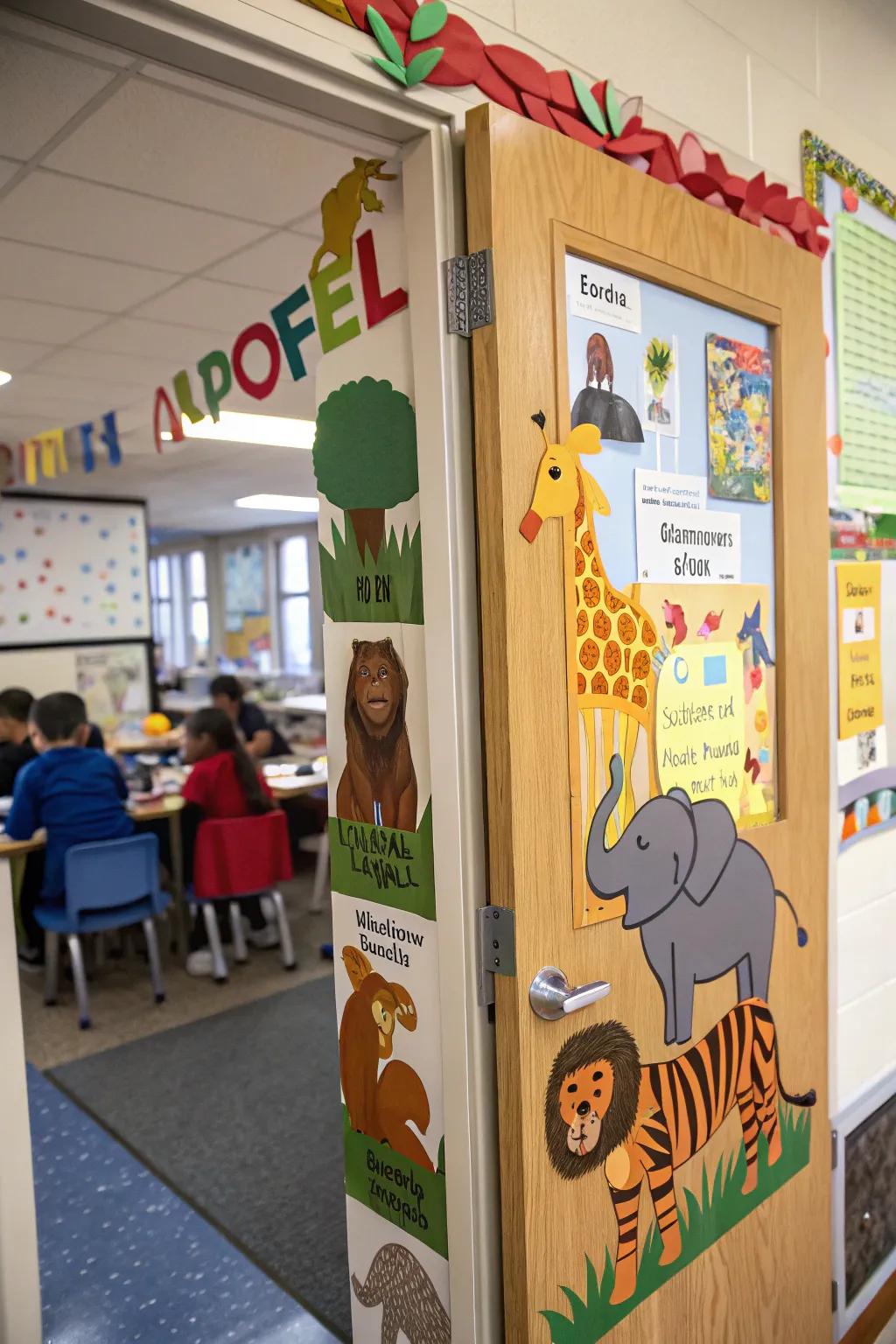 A classroom door transformed into an animal kingdom, sparking curiosity about wildlife.
