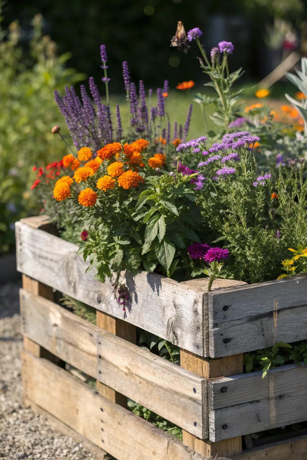 Transform your garden with a vibrant, wildlife-friendly pallet bed—where craftsmanship meets nature's beauty.