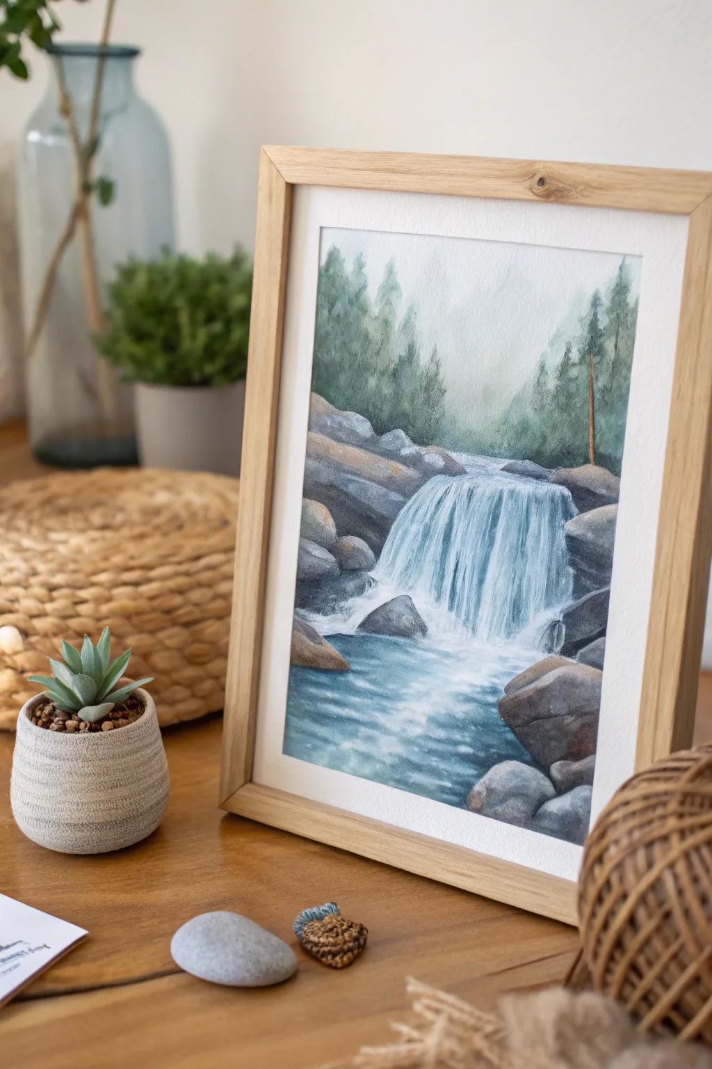 Embrace the serene flow of nature with this minimalist waterfall watercolor. Perfect for adding a touch of tranquility to your space.