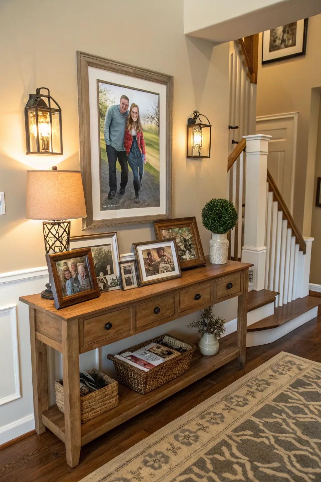 Family photos personalize the entryway art.