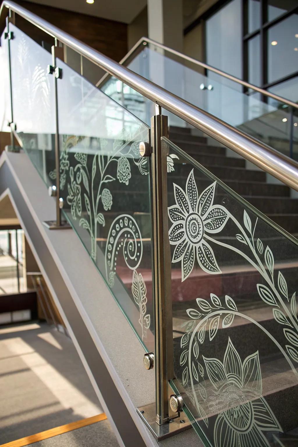 Transform your space with the artistry of etched glass railings—where modern design meets craftsmanship.