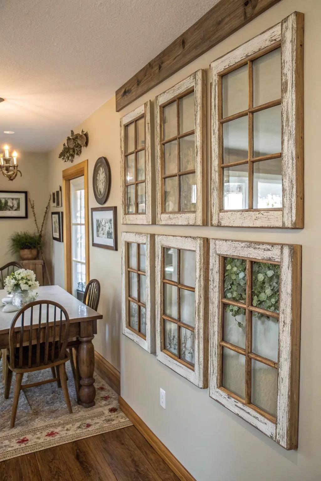 Repurposed windows add a unique and charming element to this dining room.