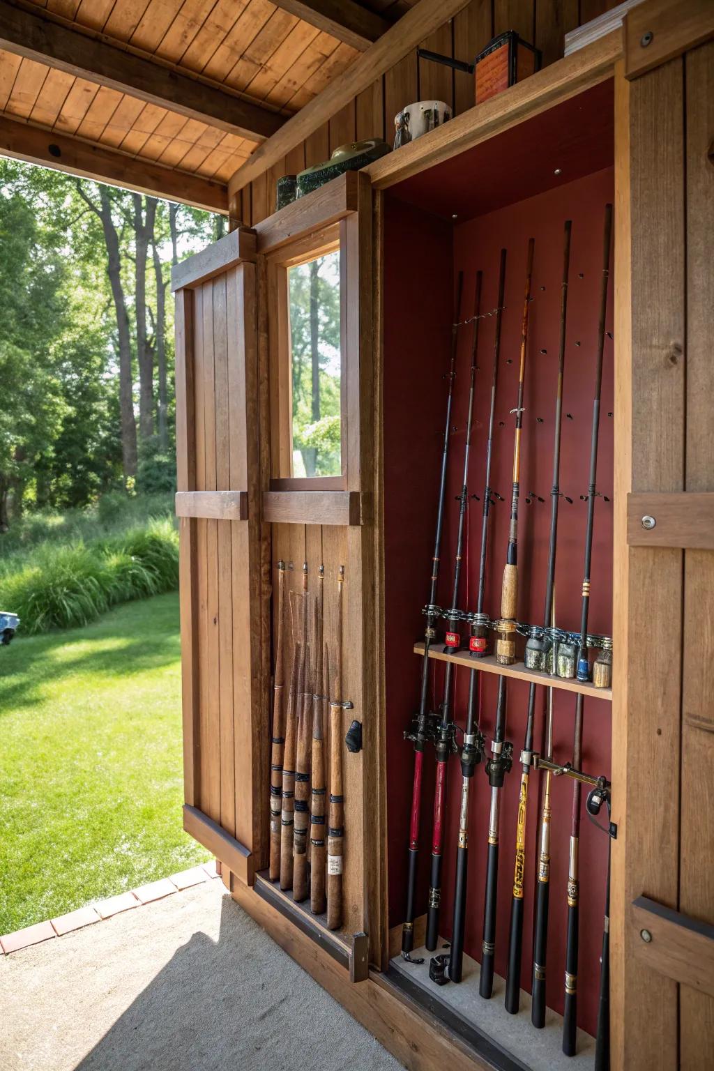 Transform your garden shed into a haven for your fishing gear with this elegant rod storage solution.
