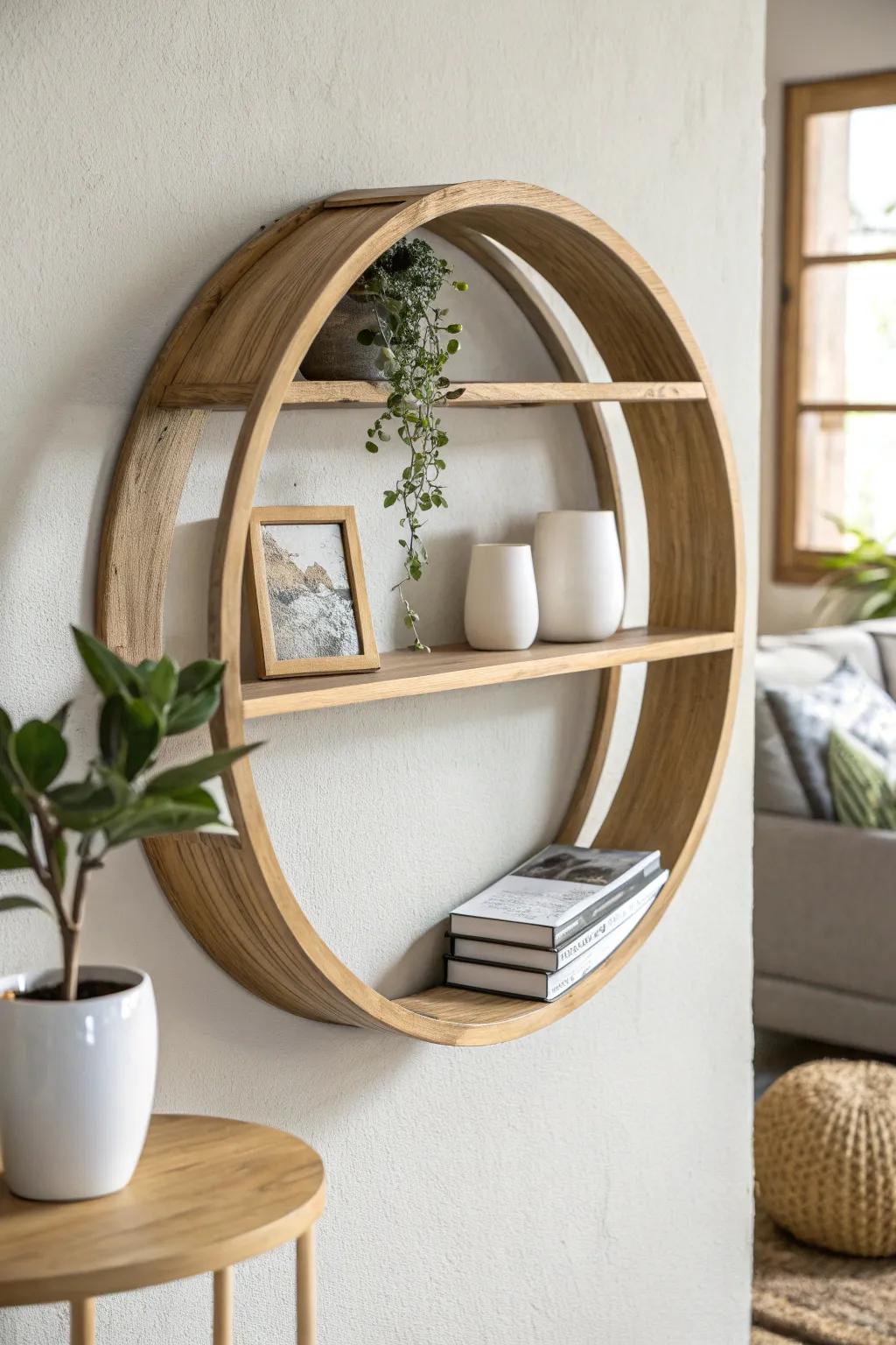 Elevate your space with playful shapes: Discover the charm of circular floating bookshelves.
