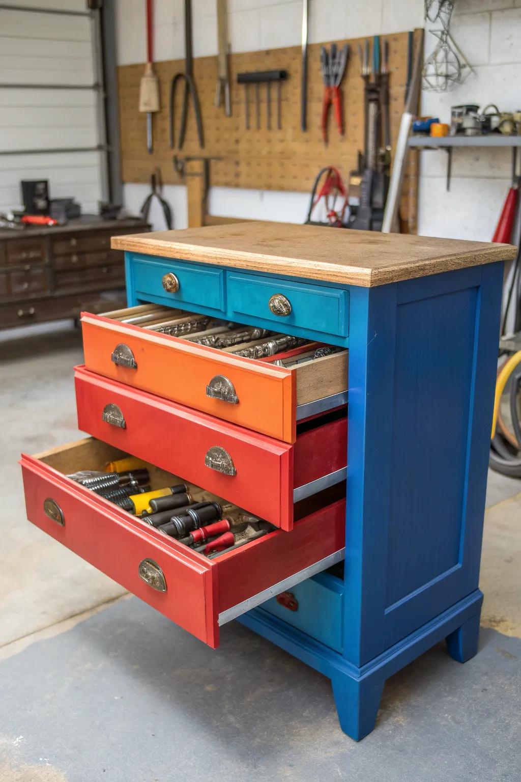 Transform your garage with a bold and colorful tool organizer, repurposed from an old dresser.