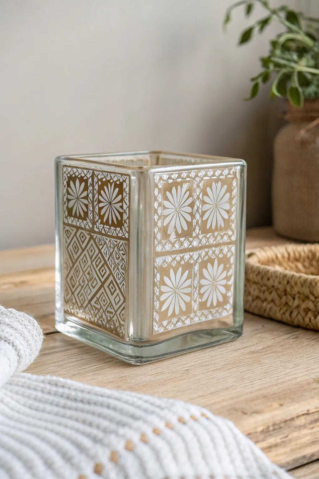 Discover the beauty of geometric elegance with stenciled glass blocks – a perfect blend of modern minimalism and boho charm.