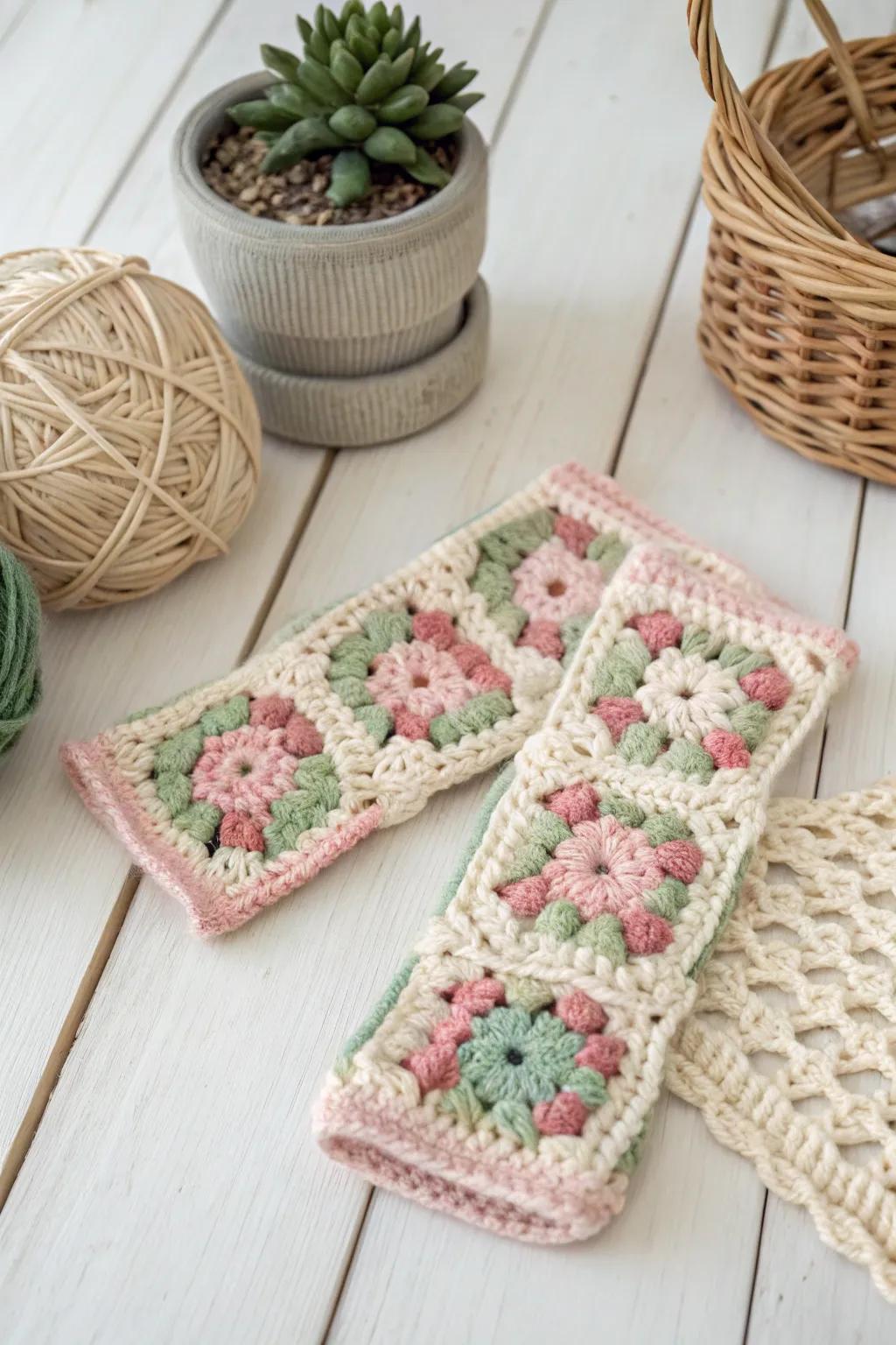Embrace cozy elegance with these handcrafted granny square wrist warmers.