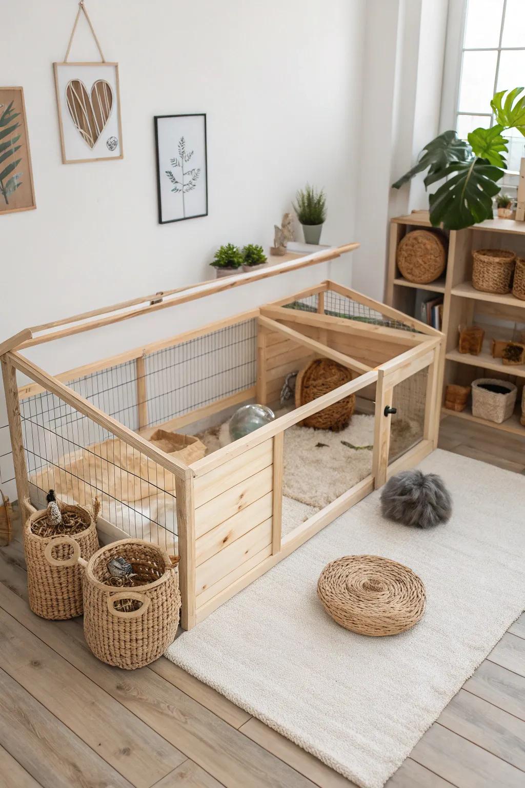 Transform your space with an elegant L-shaped guinea pig enclosure, blending minimalist charm and boho warmth.