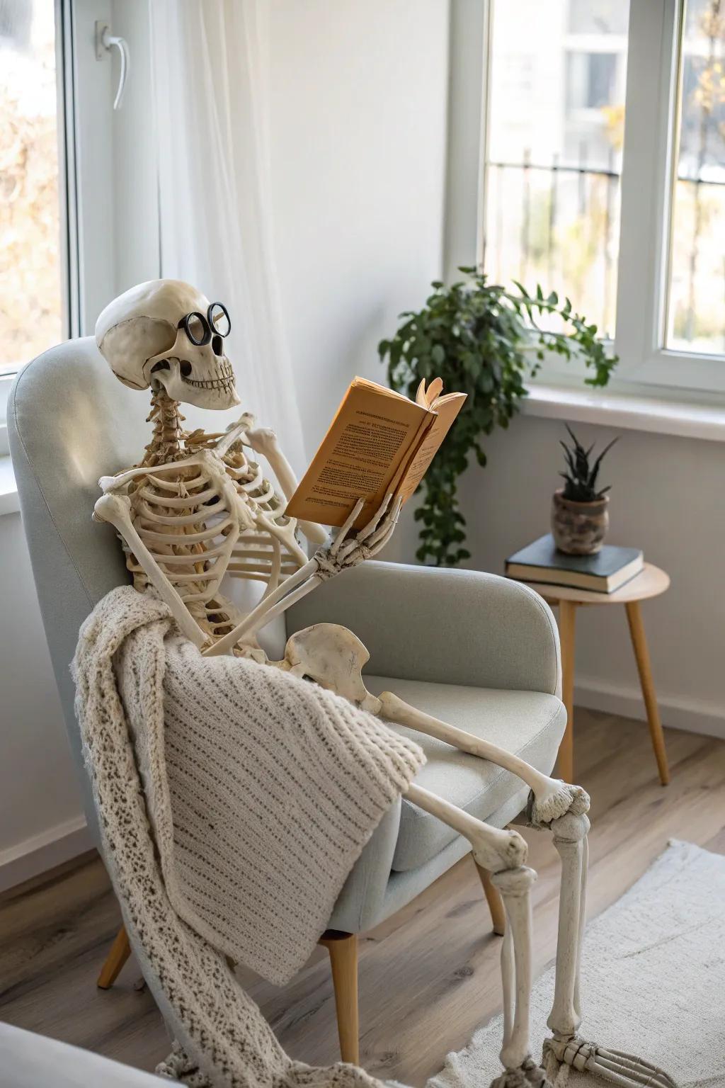 Add a playful twist to your decor with a book-loving skeleton in a serene, minimalist setting. 📚💀