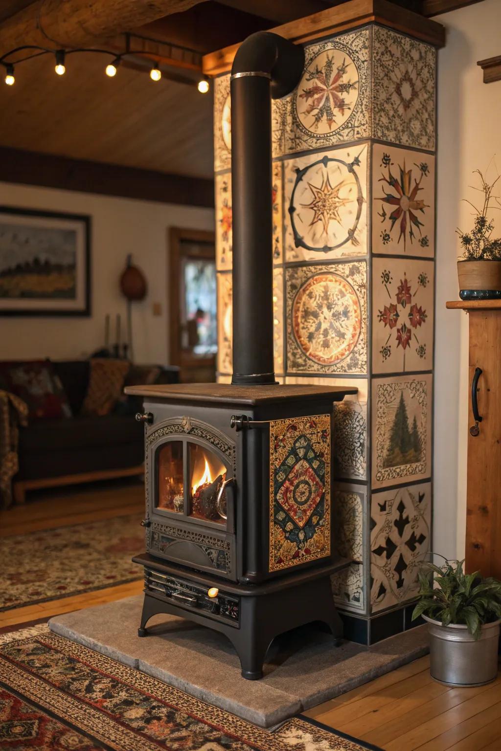 Artistic tile mosaics transform the hearth into a masterpiece.