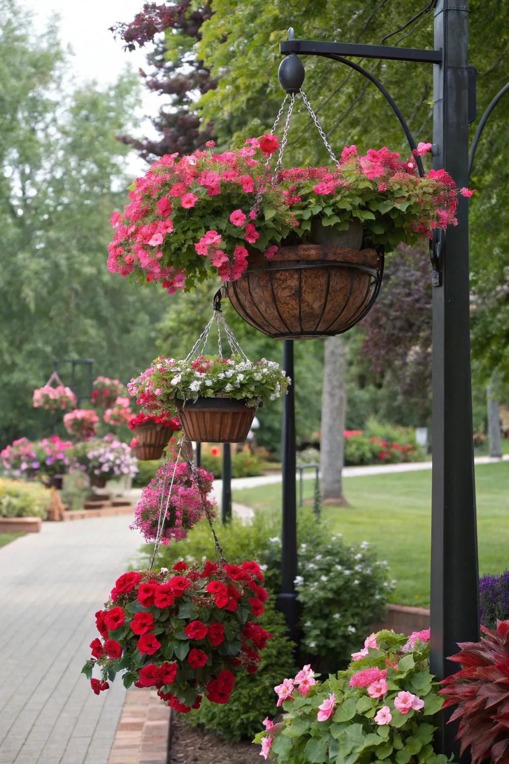 Hanging baskets at different heights create a dynamic and engaging display.