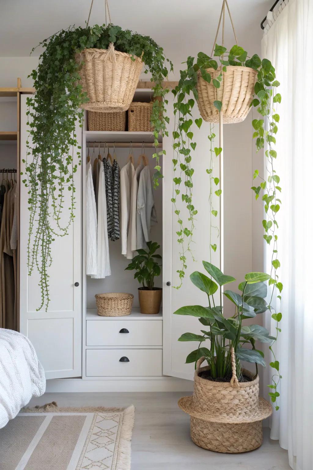 Transform your open closet with a touch of nature: Hanging plants that blend minimalist charm with boho elegance.