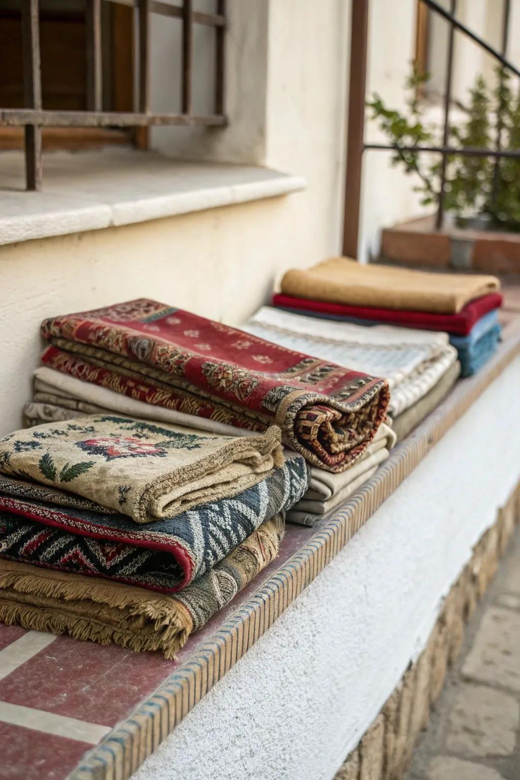 Introduce pattern and warmth with layered textiles.