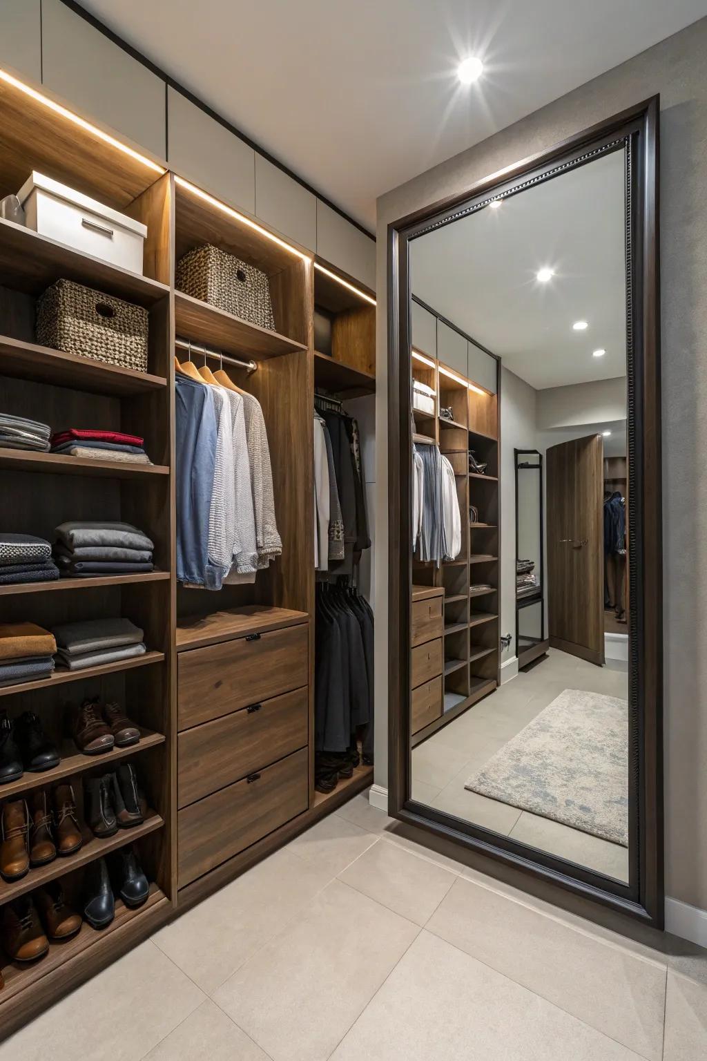 Mirrors enhance the sense of space and practicality in closets.