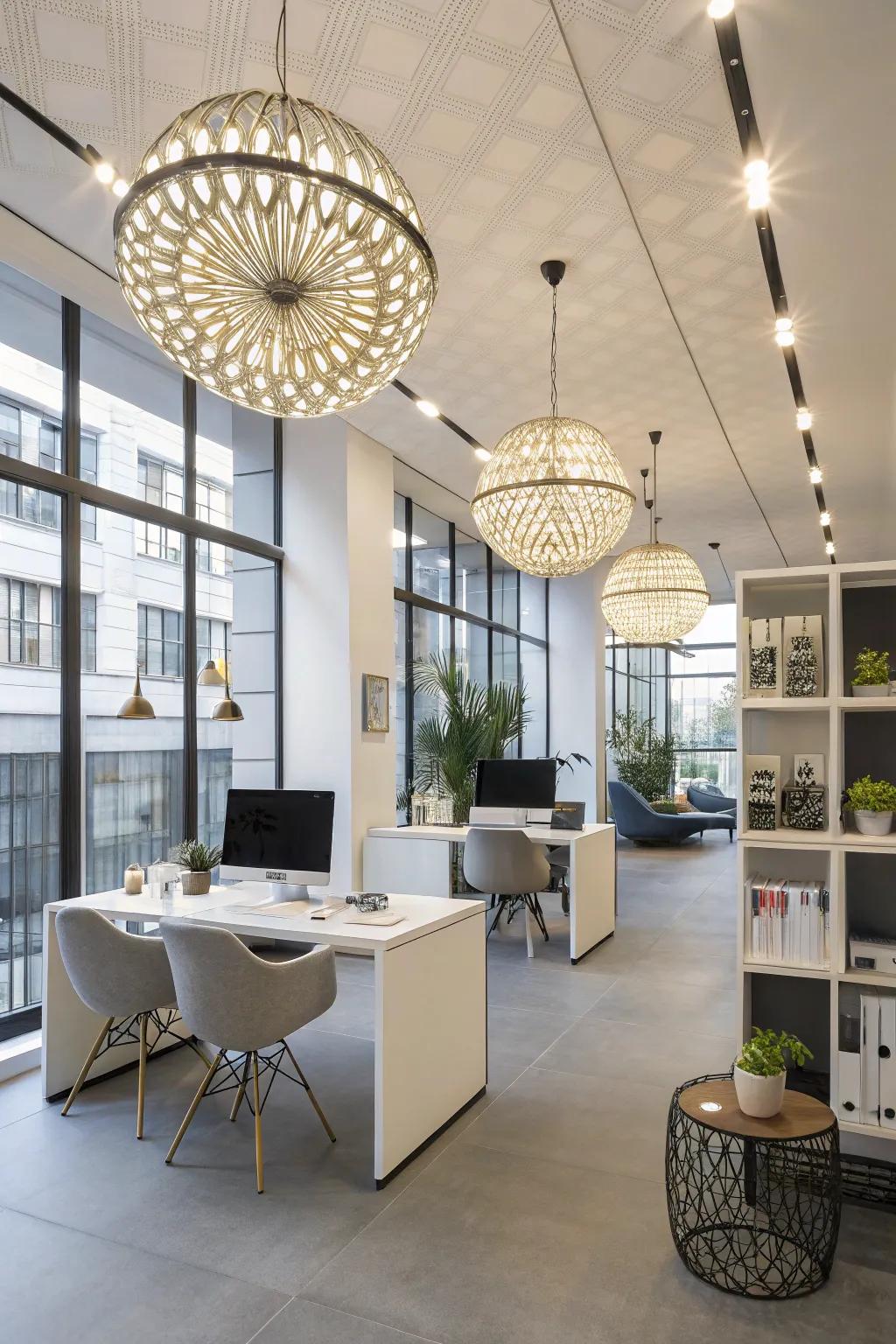 Artistic lighting fixtures add character and focus to the office.