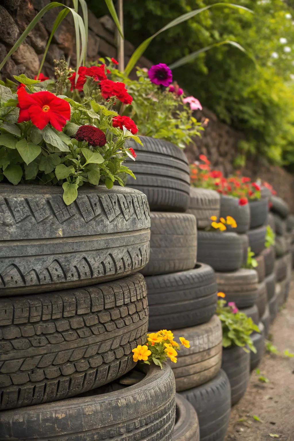 Transform old tires into a vibrant privacy wall—bold, beautiful, and brilliantly upcycled!