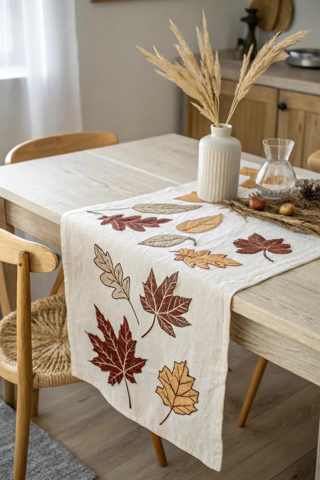 Elevate your autumn gatherings with a handcrafted touch: a leaf-patch table runner for cozy elegance.