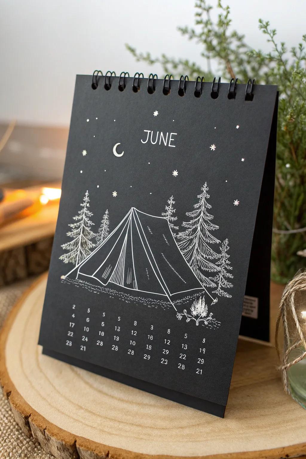 Embrace the allure of the great outdoors with this charming 'Camping Under the Stars' chalkboard calendar design.