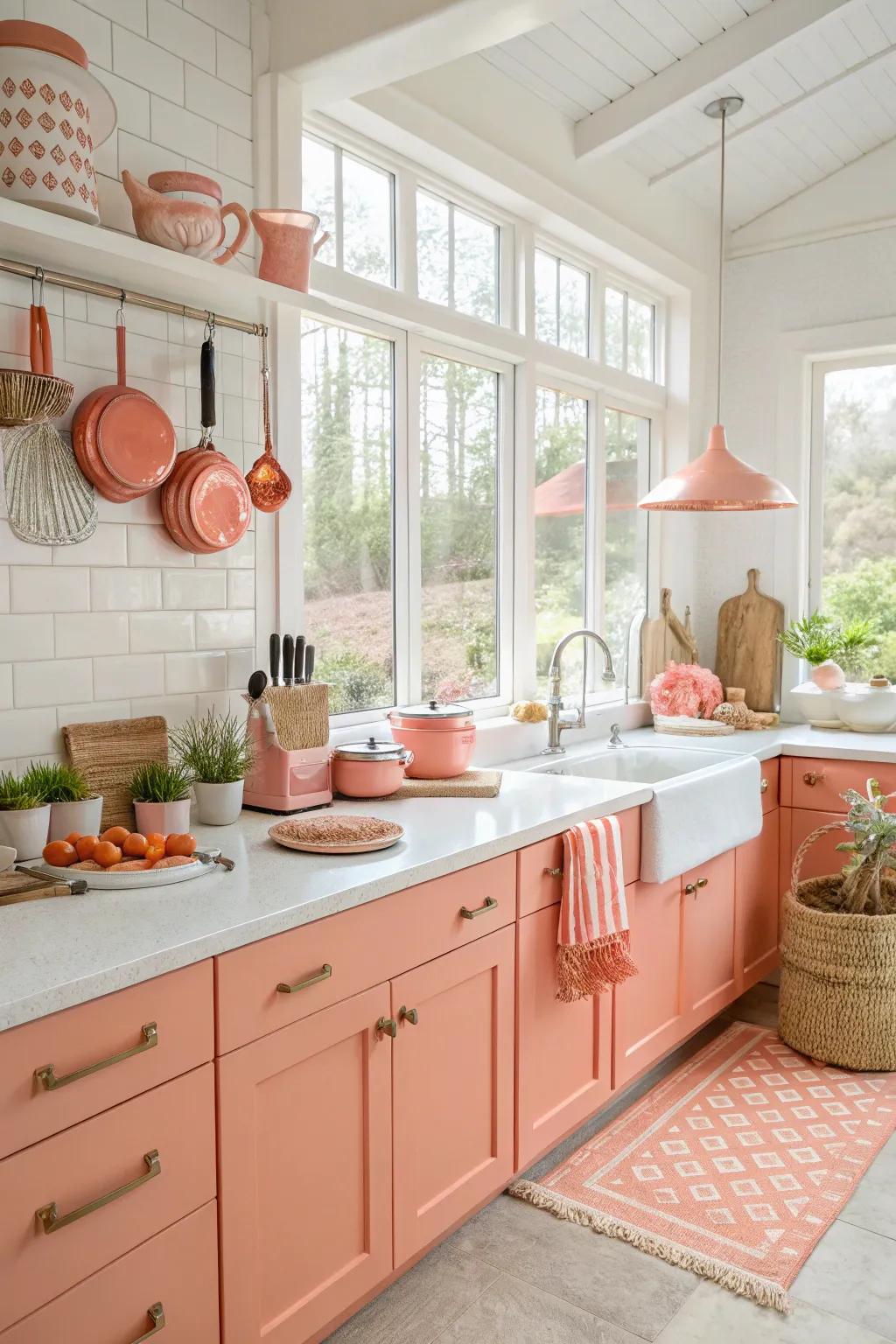 Chic coral accents add a lively and fun twist to kitchen design.