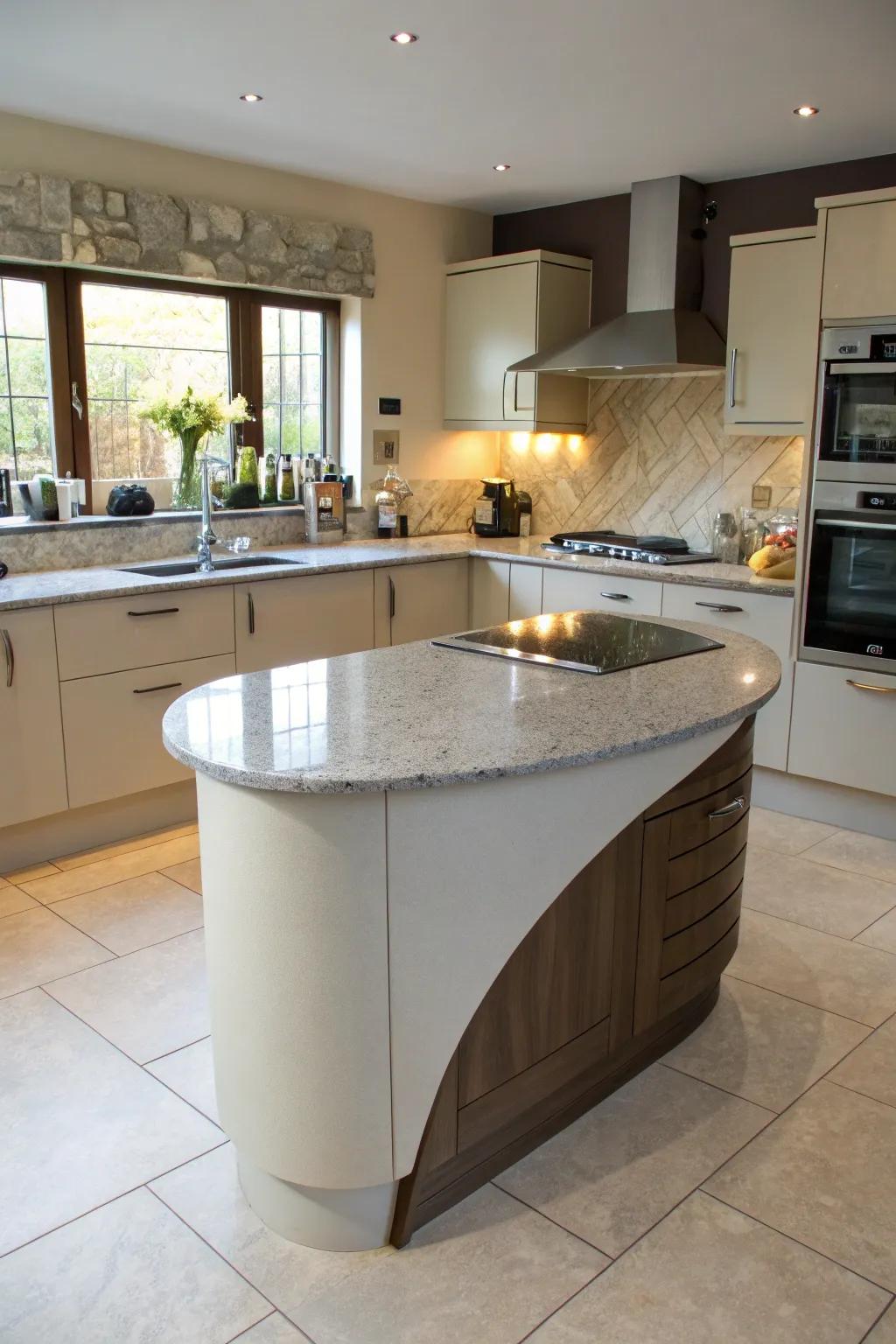 An innovative counter shape adding flair and function to the kitchen.