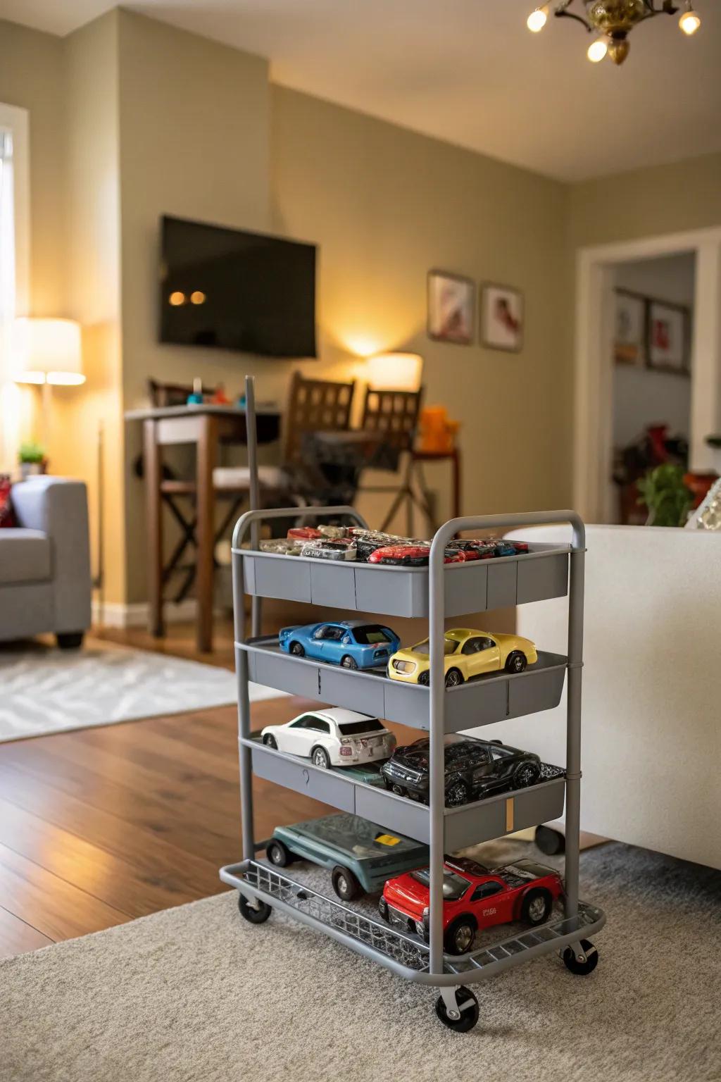 Rolling carts provide mobility and easy access to toys.