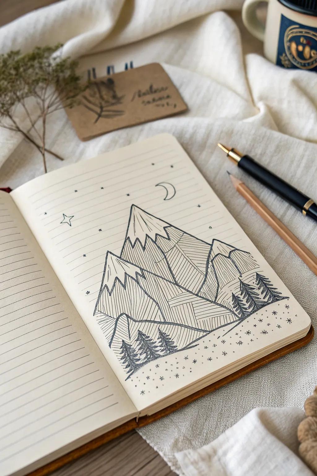 Discover the serene beauty of minimalist mountain art, where lines meet peaks in perfect harmony.