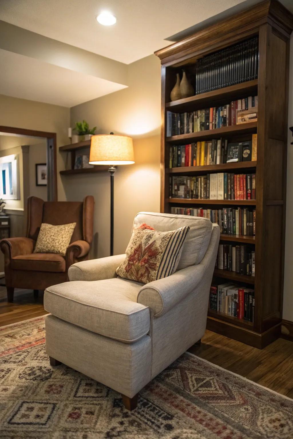 A cozy reading nook provides a personal space to unwind.